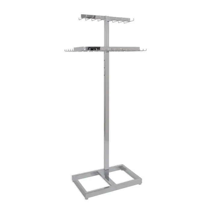 2-Tier Retail Belt Rack displays belts and neck ties.  Base measures 25"W x 16"L. Base is made from 1" x 2" rectangular tubing. Overall footprint (including hooks) is 32-1/4"W x 20-1/4"L.  