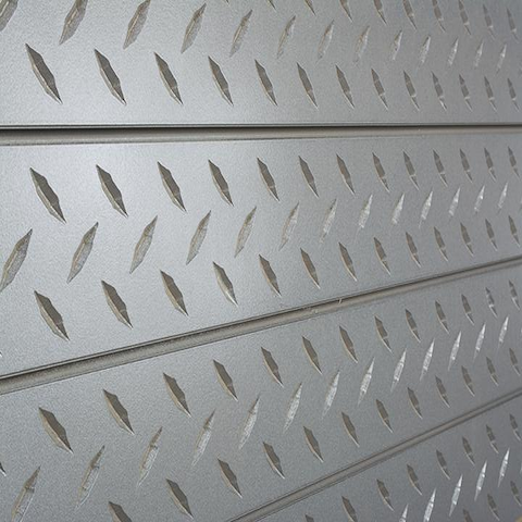 Silver Diamond Plate Textured Slatwall Panels measure 3/4''D x 2' Hx 8'L' with grooves spaced 6'' apart.  Textured slatwall panels come complete with paint matched aluminum groove inserts for added strength.