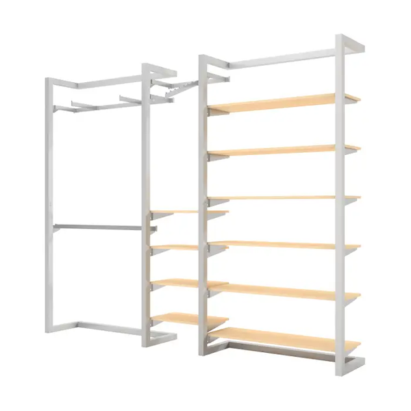  Double Alta Wall Unit with Hanging & Extra Shelving Retail Display Kit 3. Includes 2- Alta Wall Units, 1- 48” long rectangular tubing hangrails, 6- 48” wide wood shelves, 4- 24” wide wood shelves, 2- 12” Saddle Mount Faceouts and 1- 7-Ball Waterfall as w