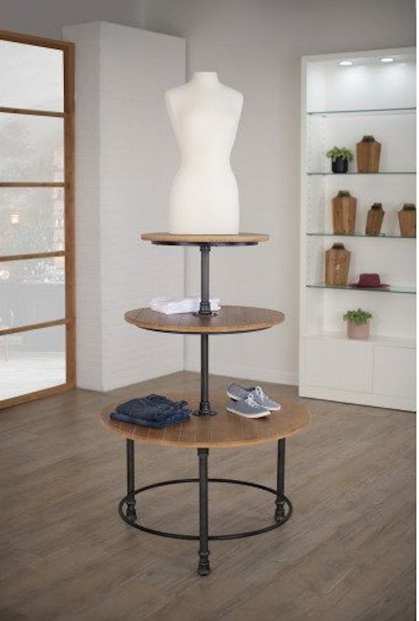 The Soho three tier round table features a sturdy metal base and wooden tabletops with a distressed pine finish.  Dimensions : 40 L x 40" D x 59" H