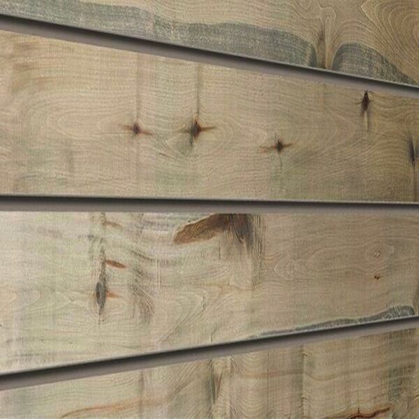 Driftwood Natural Wood Textured Slatwall Panels measure 3/4''D x 2' Hx 8'L' with grooves spaced 6'' apart.  Textured slatwall panels come complete with paint matched aluminum groove inserts for added strength.  