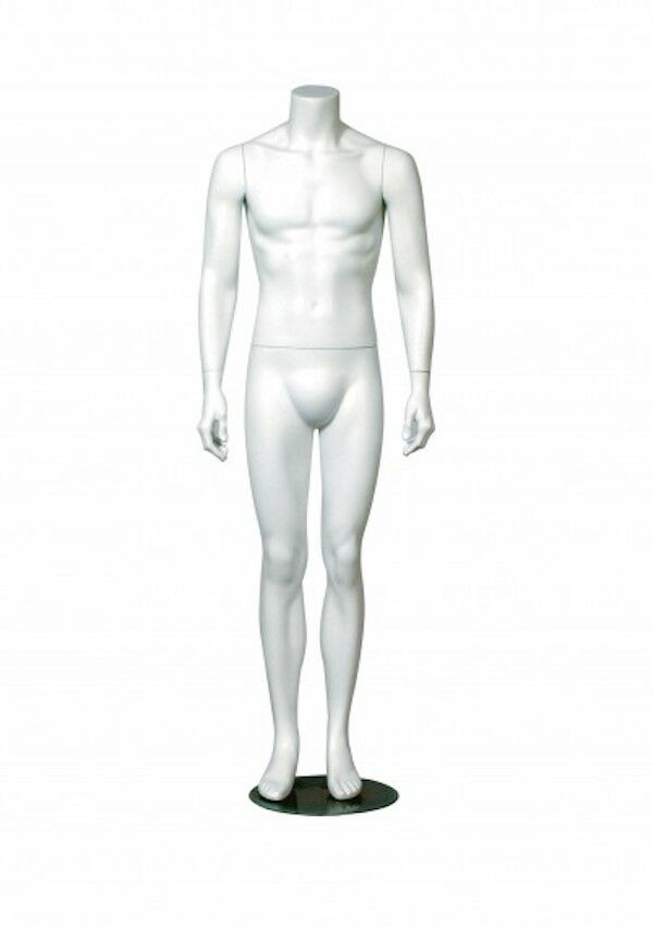 Eric Headless Male Mannequin  with hands to the side pose comes with base with calf support rod. Dimensions: Height: 5' 8", Shoulder: 20 7/8", Waist: 31", and Hip: 37 3/4"