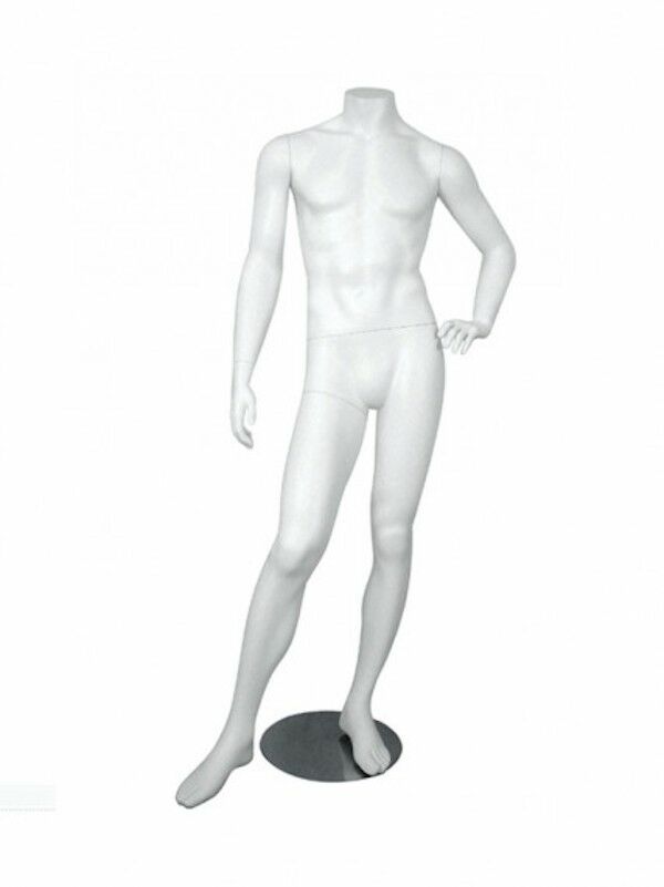 Eric Headless Male Mannequin  with right knee bent, hand on hip  pose comes with base with calf support rod. Dimensions: Height: 5' 4", Shoulder: 20", Waist: 31-3/4", and Hip: 37 3/4"
