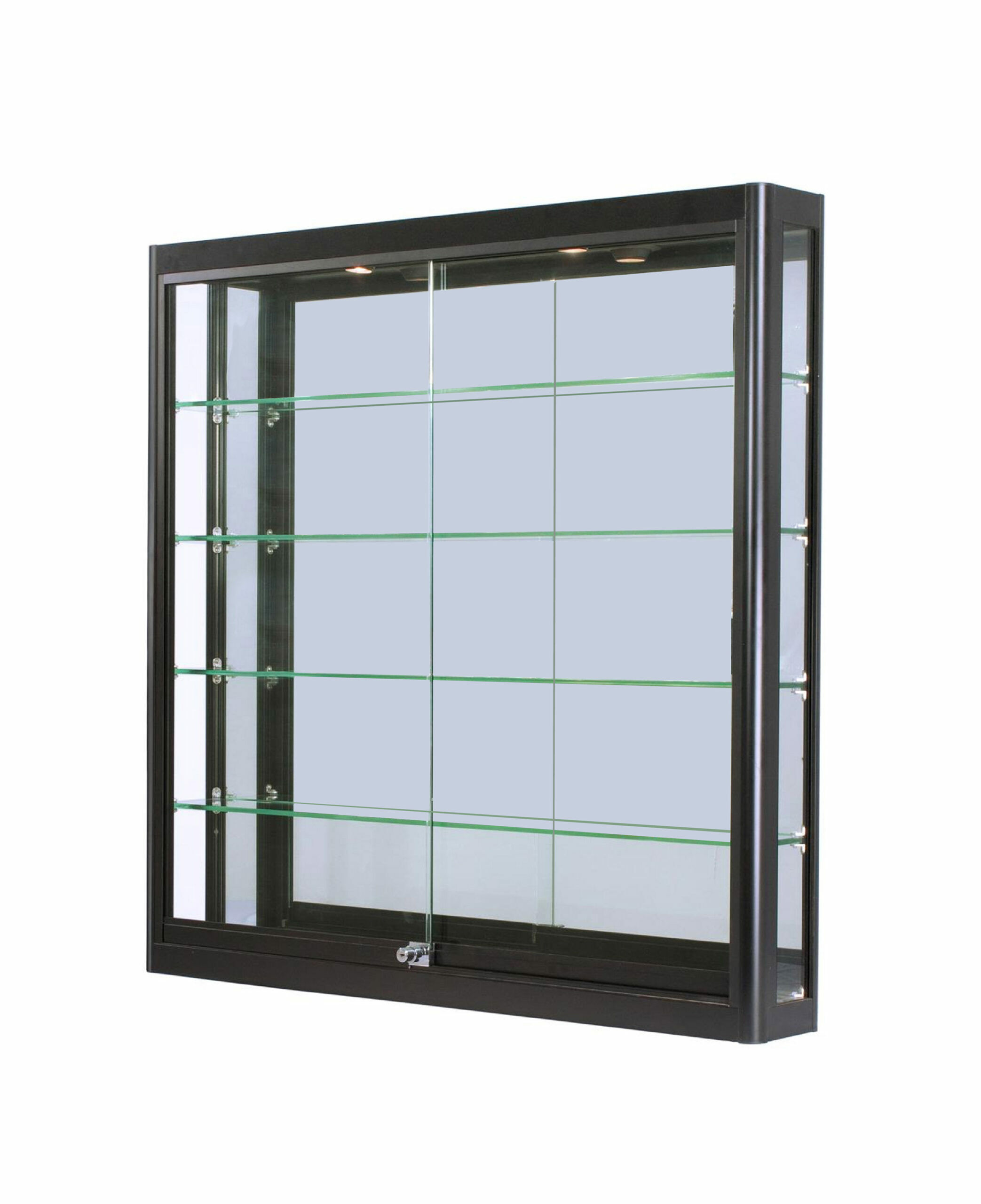 The 40" aluminum framed wall showcase features 4-adjustable tempered glass shelves that are 14" D.  The front sliding doors come with a lock and keys, mirrored back panels and LED lights. 