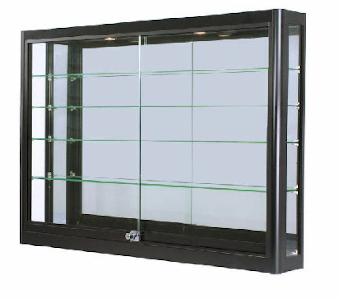 The 60" aluminum framed wall showcase features 4-adjustable tempered glass shelves that are 14" D.  The front sliding doors come with a lock and keys, mirrored back panels and  4 LED lights.