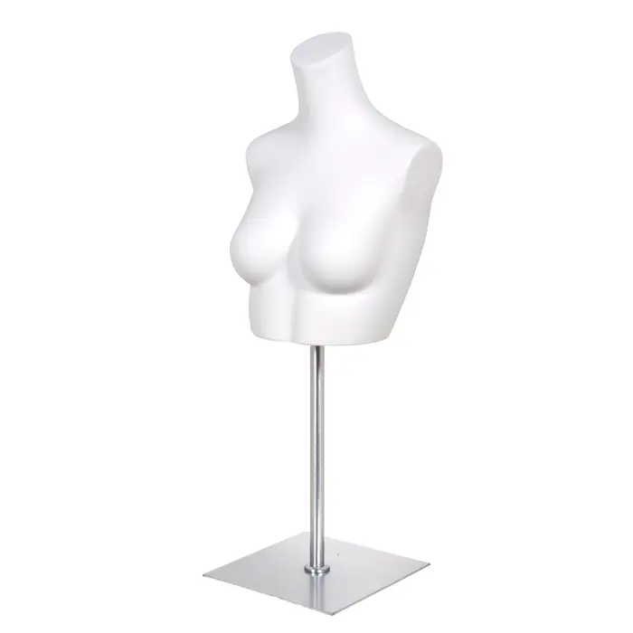 Female Headless bra form is approximately 18" tall. Wears size 34B and includes 9-7/8" square metal base with satin chrome finish with an 18"H.  