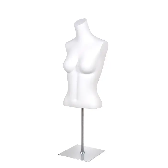 Headless Female torso form. Wears size 34B and is approximately 24" tall. Includes 9-7/8" square metal base with satin chrome finish with an 18"H upright.