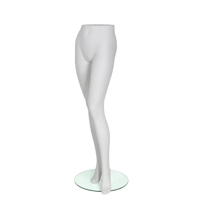 Female trouser form made from durable fiberglass with an abstract foot that has a removable heel. Form has calf and foot fittings. Form wears size 8-10 and measures 46 inches tall. Waist is 28-3/4", Hip is 36-3/4". Includes tempered glass base. 