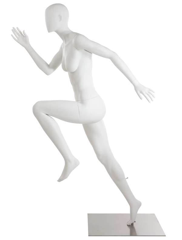 Pose 1 of our Fit Female Mannequin series is an athletic form in the middle of an all out sprint. This female mannequin in a sprinter pose is ideal for use in an athletic wear department or sneaker showcase or any where that you wish to highlight the fema
