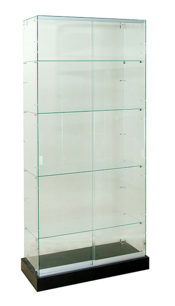 Value Line Frameless Full View Wall Case in 36" L comes with a black base, plunger lock and  (4) 14"D tempered glass adjustable shelves.  