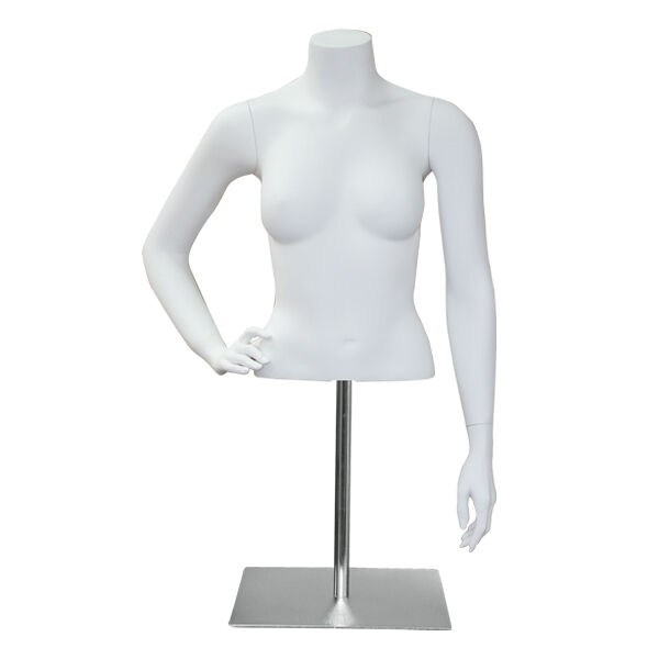 Female Half Torso Form, White Finish with  One arm at side, one arm on hip pose.  Adjustable Base Included.
