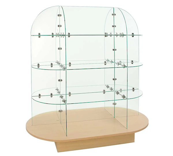 Glass display unit comes knocked down for easy shipping. Includes fifty-two chrome connectors. Shelves are 12" deep and all glass is 3/16" thick tempered glass. High quality base with Maple melamine finish.