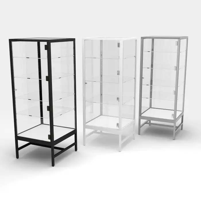 Superior Glass Showcase Display Tower is a perfect fit in any retail environment that wants to highlight valuable merchandise. This display showcase is lit with LED 6000° lighting and includes four adjustable glass shelves and a lockable 