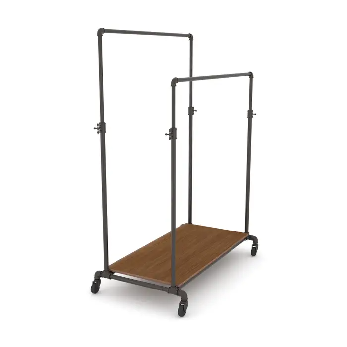 The Pipeline Adjustable Double Bar Rack adjusts from 50" high to 78" high. Includes four 3" casters, two locking and two non-locking casters. The rack base measures 50"W x 29"D. The rack is constructed of 1-1/4 inch diameter tubing with traditional plumbi