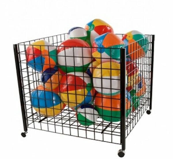 The black wire dump bin is 38"L x 38"W x 34 3/4"H high and includes 3/8'' casters to be easily moved around in the store. 