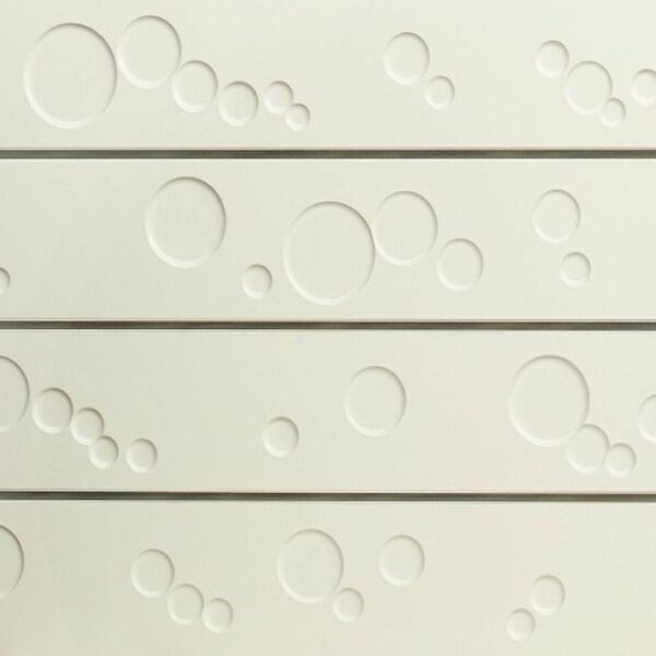 White Bubble Textured Slatwall Panels measure 3/4''D x 2' Hx 8'L' with grooves spaced 6'' apart.  Textured slatwall panels come complete with paint matched aluminum groove inserts for added strength.  