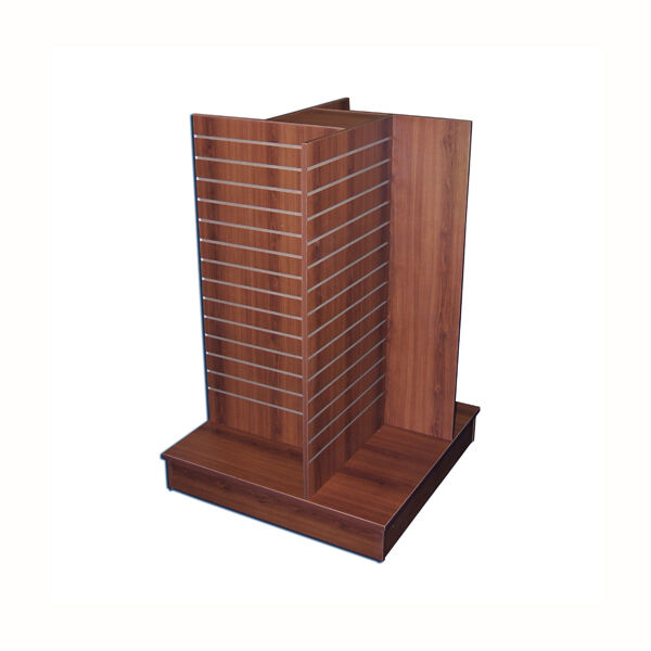 The Cherry Pinway Slatwall Merchandiser uses all slatwall display accessories.  This unit gives you 32 square feet of display area using only three square feet of floor space Unit Dimensions are 36"W x 36"D x 54"H.