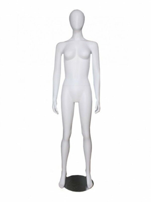 Matte White Female Mannequin featuring stand at attention pose.  Mannequin Dimensions: Height: 5' 8", Shoulder: 15 3/4", Chest: 34", Waist: 26" and Hips: 34'".  
