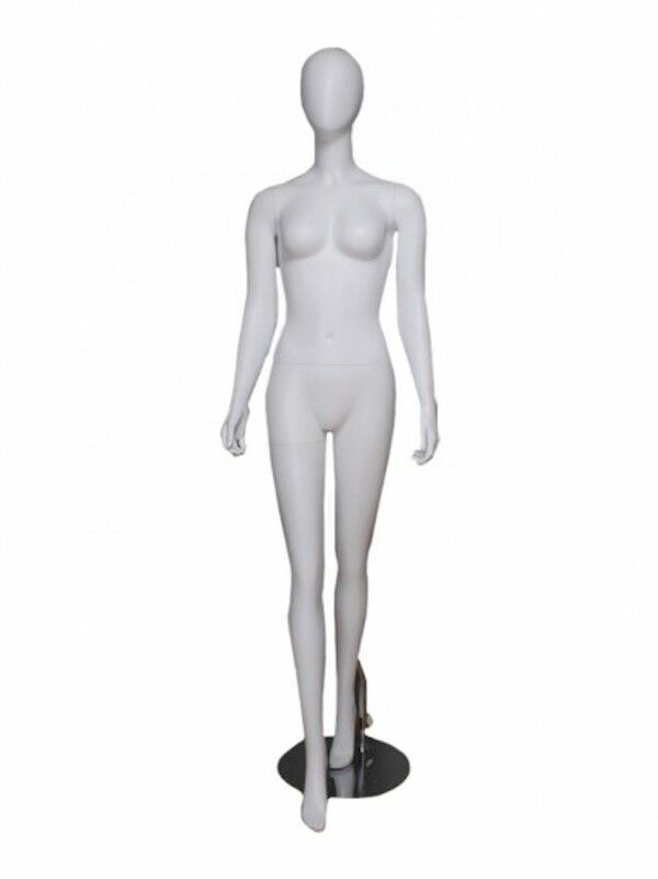 Matte White Female Mannequin featuring one foot forward pose.  Mannequin Dimensions: Height: 5' 8", Shoulder: 15 3/4", Chest: 34", Waist: 26" and Hips: 37".  