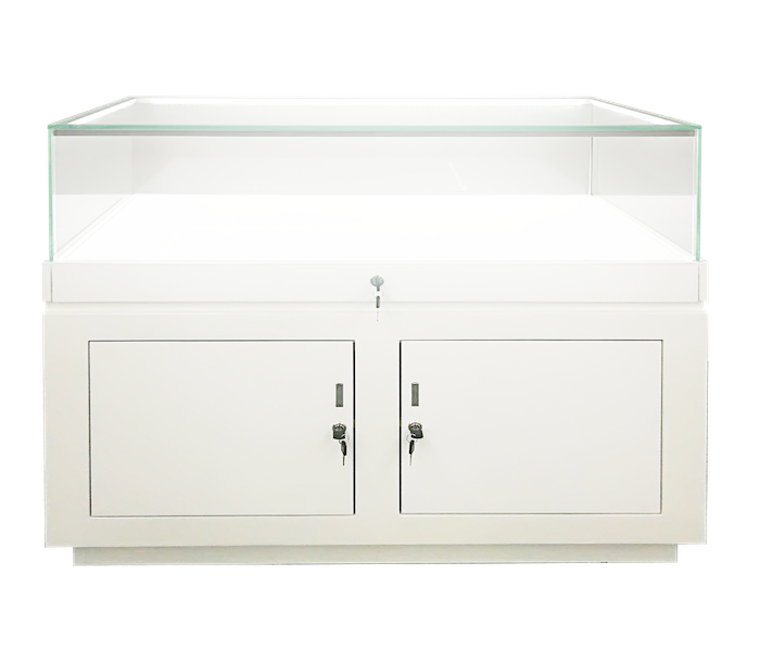 Jewelry/Museum Display Case Features: Pull Out Tray with Lock, Tempered Glass Top And Sides- 3/8"T, Led Light, Storage Bottom W/Lock. Available in White or Black finishes.  Dimensions: 48"L X 23 1/2"D X 37 1/2"H   