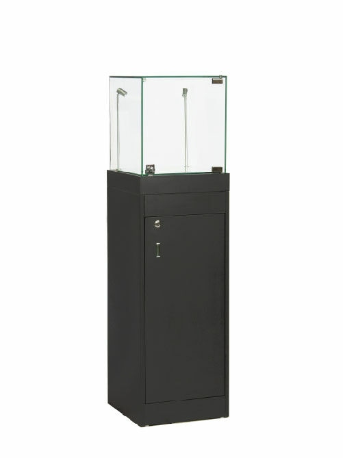 The Frameless Pedestal Showcase features locked storage area, two LED pole lights, a black laminate finish and a tempered and polished glass top. Available in 3 sizes.  