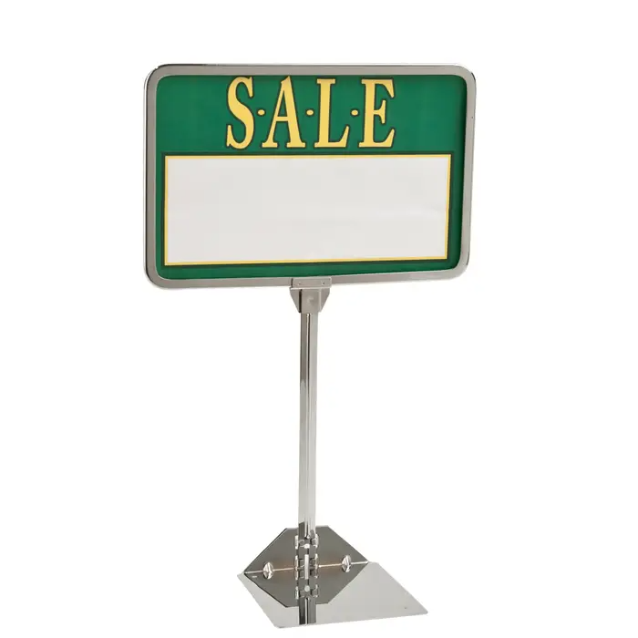 Metal Sign Holder with Round Corners with Shovel Base is perfect for items on tables.Frame. Available in chrome, size is 11" W x 7" H.   