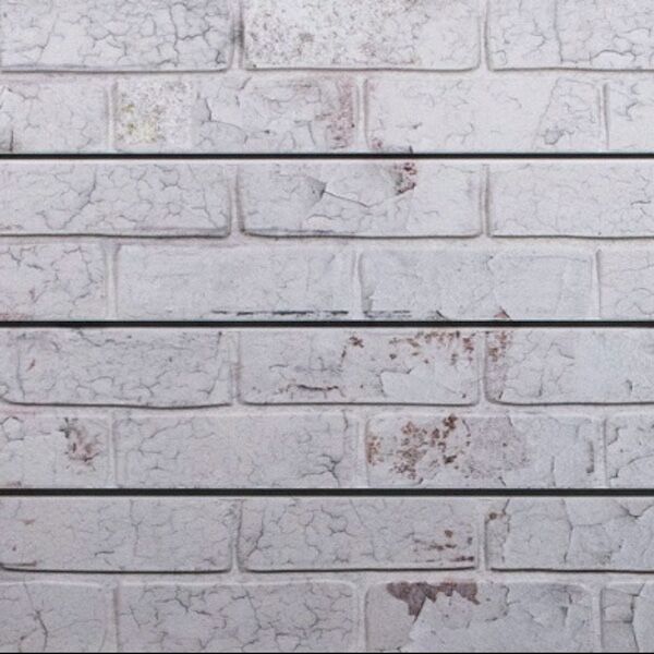 White Old Painted Brick Textured Slatwall Panels measure 3/4''D x 2' Hx 8'L' with grooves spaced 6'' apart.  Textured slatwall panels come complete with paint matched aluminum groove inserts for added strength.  