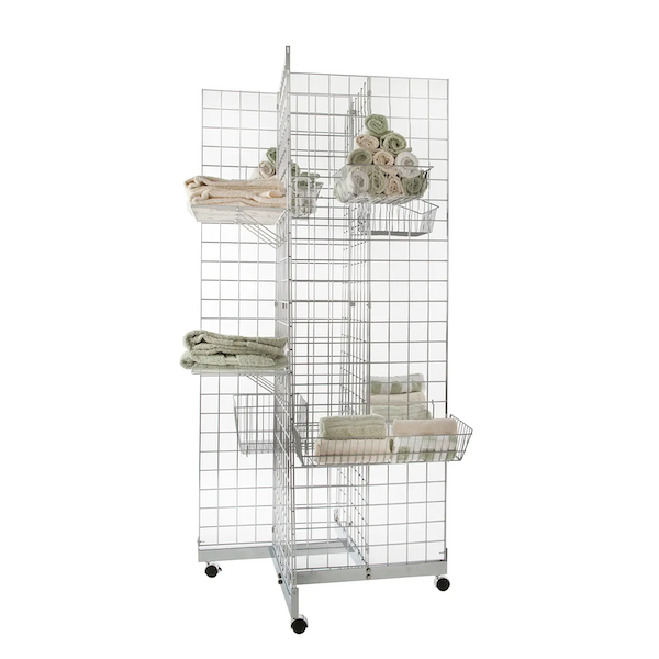 This gridwall pinwheel merchandiser is a convenient and economical store fixture and a great alternative to slatwall 4-way displays. With rolling casters, you can move your retail merchandise display from one area to another with little to no effort