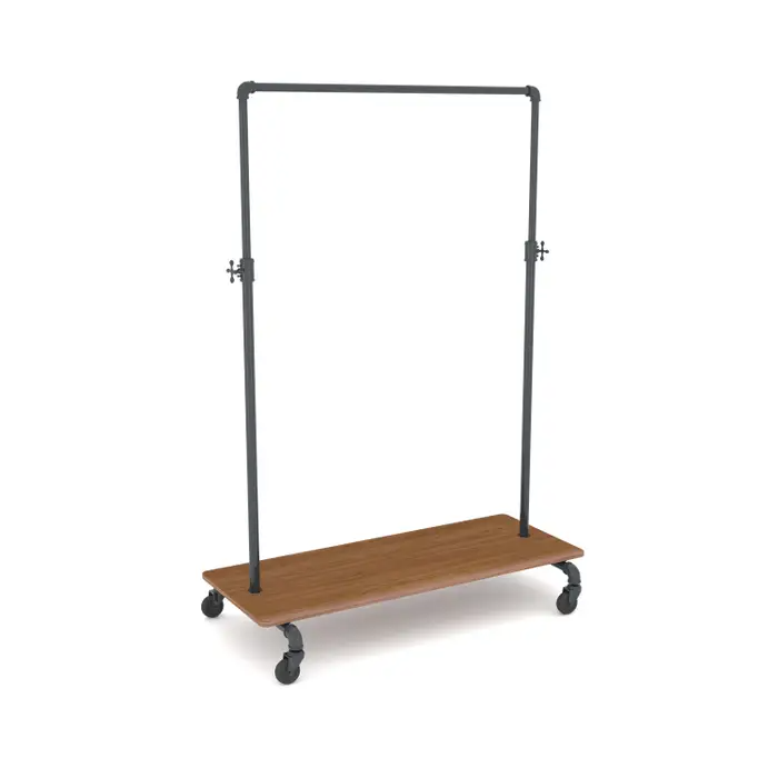 Anthracite Grey  Adjustable Pipe Ballet Bar Rack constructed of heavy duty 1 1/4" diameter plumbing pipe.  Adjusts from 44" - 72" in height. Base: 42-1/2"W x 23-3/8"D.  Includes Dark Brown base shelf for extra display space.  