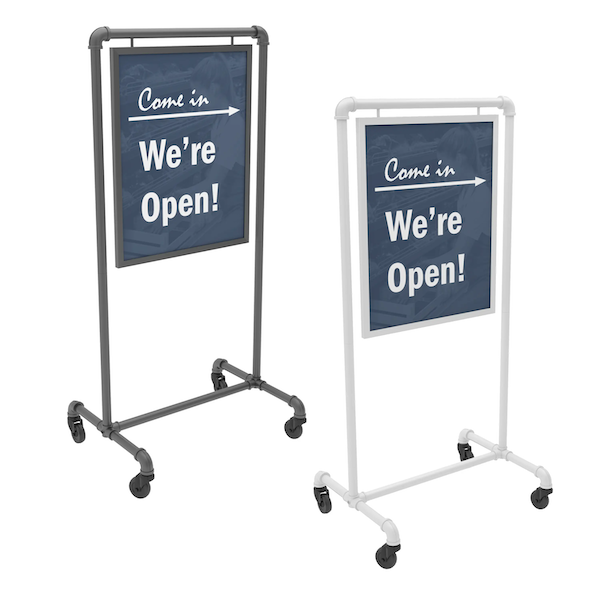 Pipeline bulletin sign holder holds a traditional 22"W x 28"H card stock sign. Available in Anthracite Grey or Gloss White. Includes four 3" casters. Two are locking and two are non-locking.