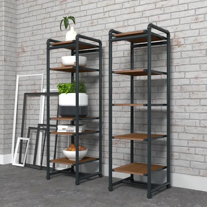 Pipeline Etagere merchandiser display includes 5 adjustable shelves. Measures approximately 60”H x 18” L x 18” W and the shelves are 14” L x 17”W x 11/16” and adjust every 3 inches.  