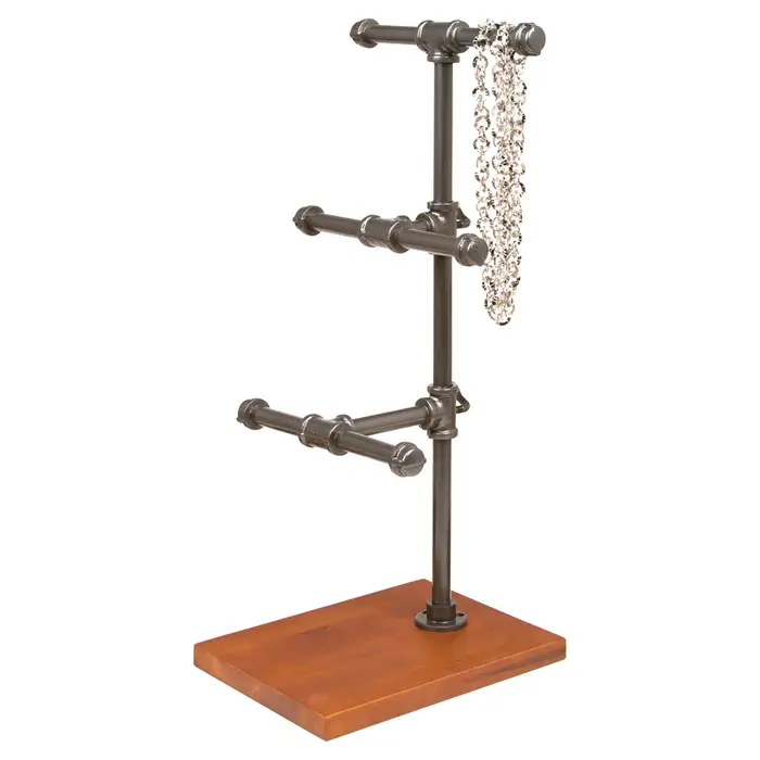 Pipeline Large Tiered Merchandiser measures 17½"H. A middle bar extends 2¼" from the upright while the lowest bar extends 4¼" from the upright. The unit's base measures 6½" x 8½"D x¾" thick and features a cherry wood tone finish.