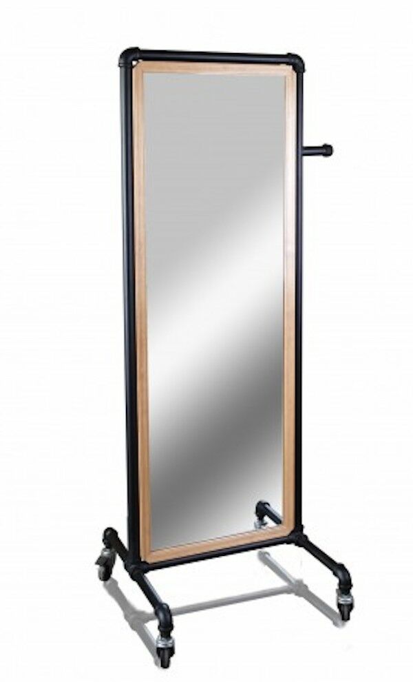Pipeline Mirror with Casters, features a one-sided mirror, with a matte black pipe frame. The frame Is 69"H X 23"W and the mirror Size Is 60"H X 20"W.  