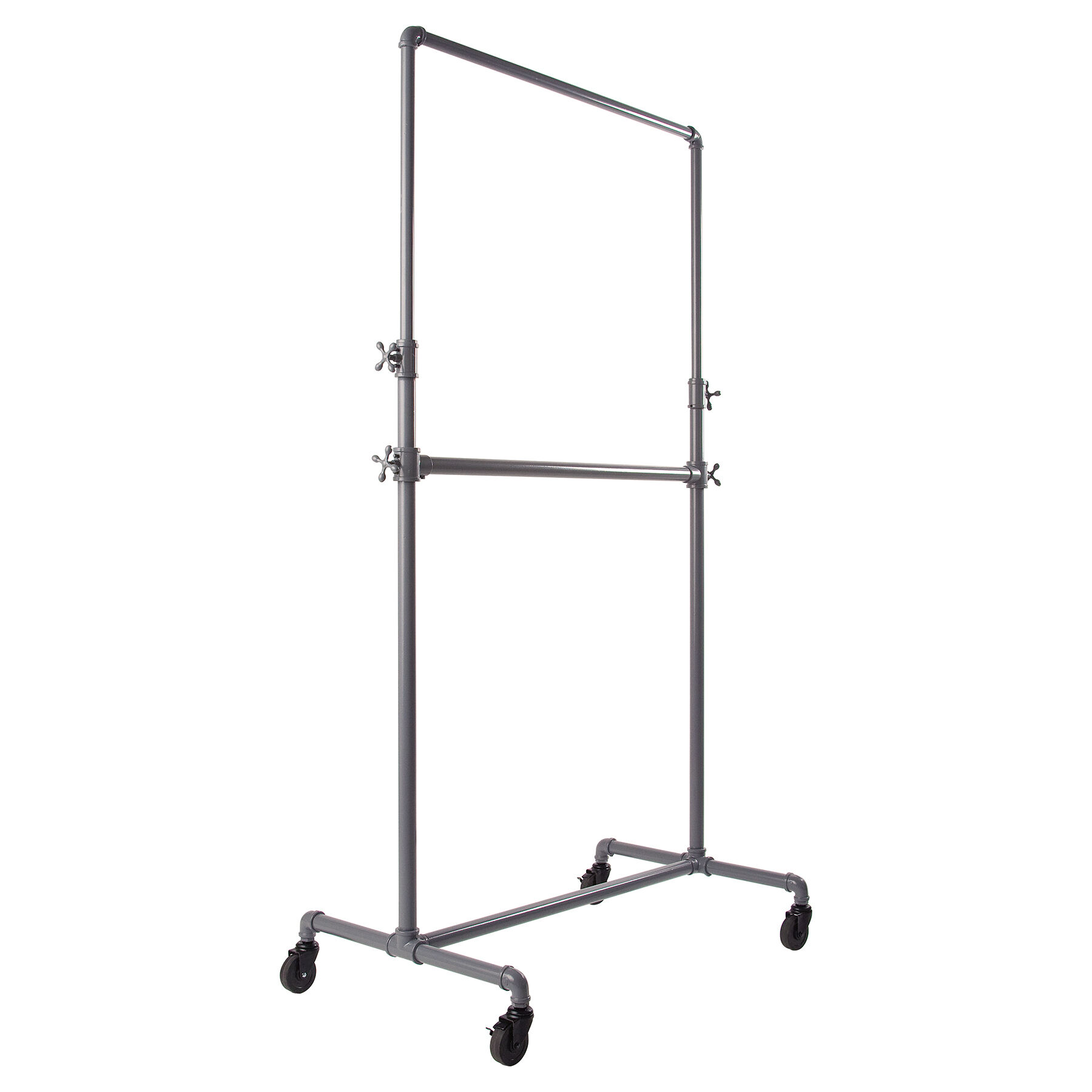 Anthracite Grey  Adjustable Pipe Ballet Bar Rack constructed of heavy duty 1 1/4" diameter plumbing pipe.  Adjusts from 44" - 72" in height. Base: 42-1/2"W x 23-3/8"D. 