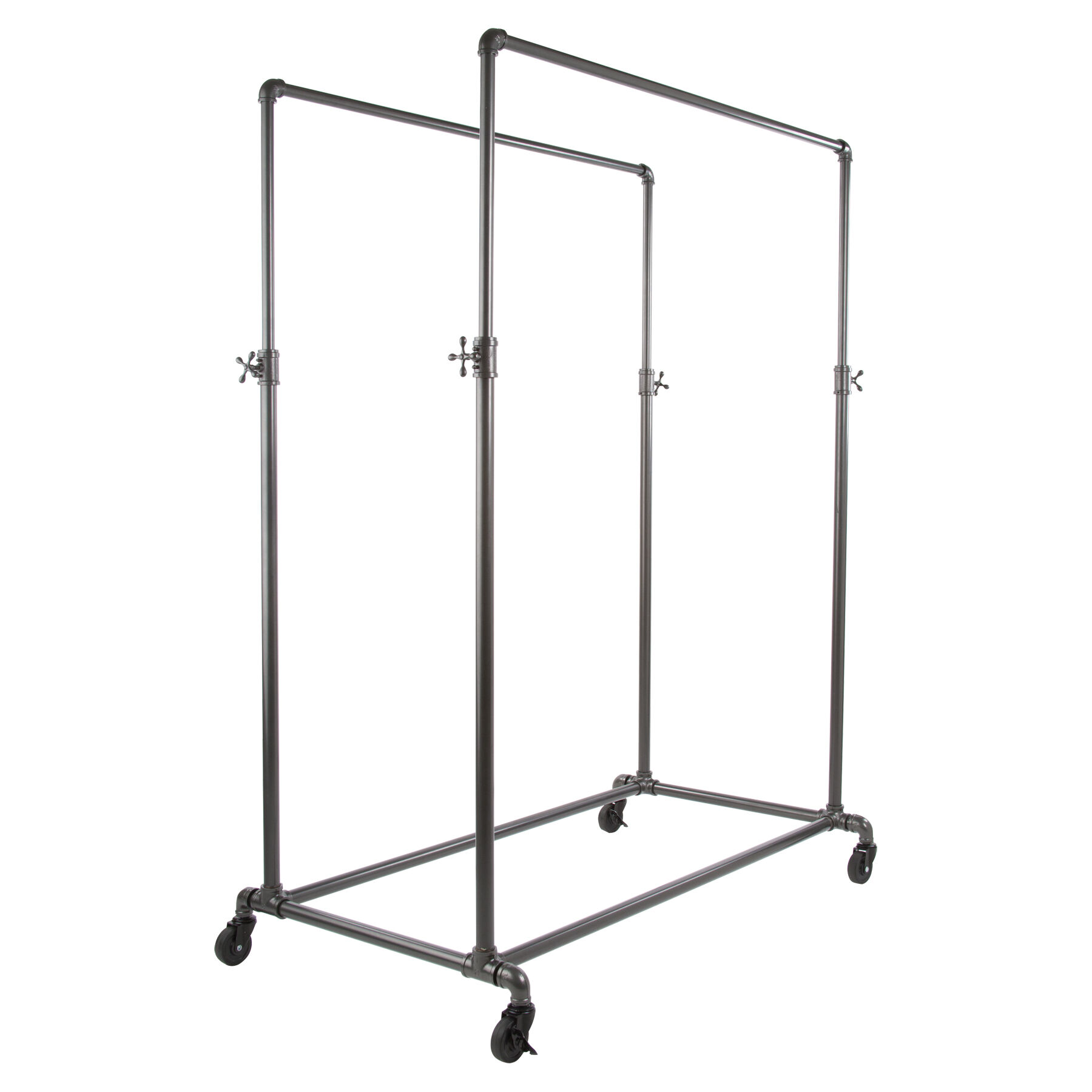 Anthracite Grey frame. Adjusts from 50" - 78".Base: 50"W x 29"D.Constructed of heavy duty 1¼" diameter plumbing pipe in anthracite grey or gloss white finish. A set of four 3" casters, 2 locking, 2 non-locking are included.  