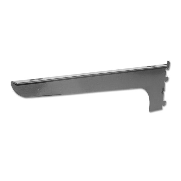 14" Raw Steel Wood Shelf Bracket. For use with Universal surface-mounted slotted wall standard that are 11/16" and 3/32" thick, with a 1/2' on 1' center slots.