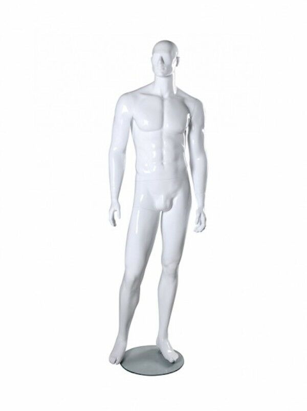 Sam male mannequin posing with hands to side, feet apart comes is a white matte finish and his measurements are Chest 40", Waist 32", Hip 38", Foot 10", and Height 6' 1" Includes base, foot and calf support.