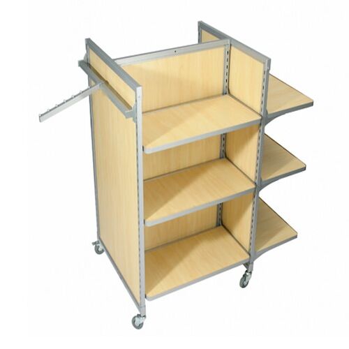 4-sided SFL HRACK is comprised of 3 heavy-duty steel frames with laminate inserts and locking casters. The retail clothing display stand is easy to assemble and built to endure tough retail settings. Highly configurable with a wide range of accessories.  
