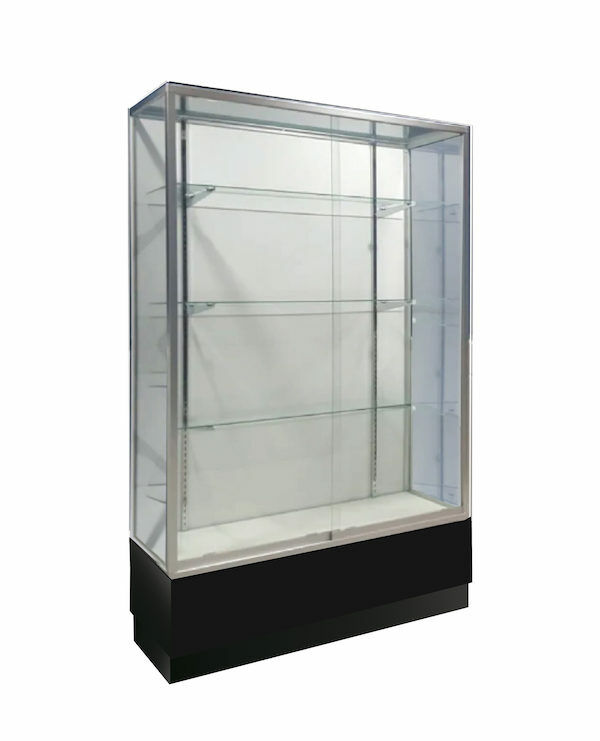 Extra Vision Wall Showcase is 48"L x 20"D x 72"H and features a Silver Frame. Includes 4 adjustable 12"D shelves and sliding glass doors with lock, Tempered Glass, and a 12" Kick Base. 
