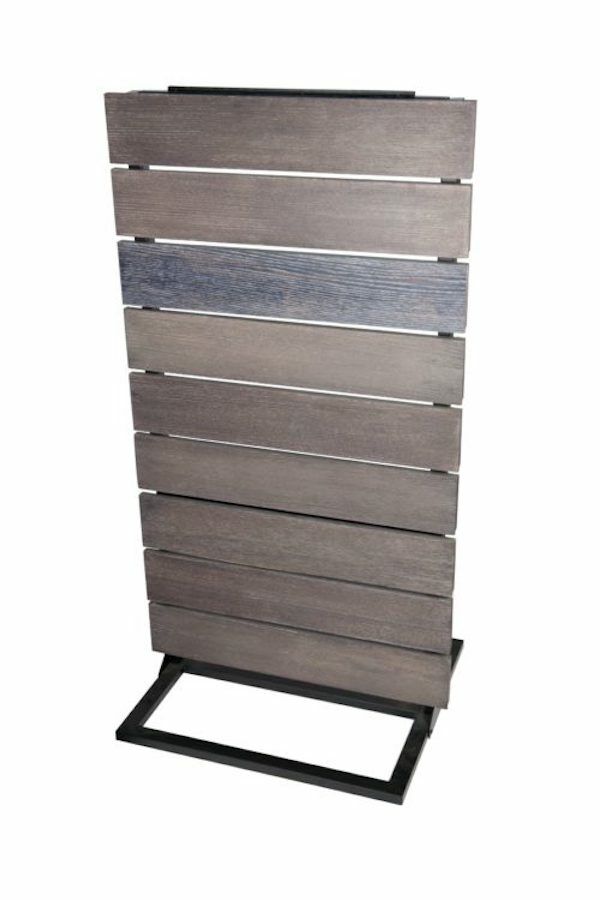 Our single sided solid wood slatwall display features a black metal tube frame and base with levelers. It features textured artisan finish slats.