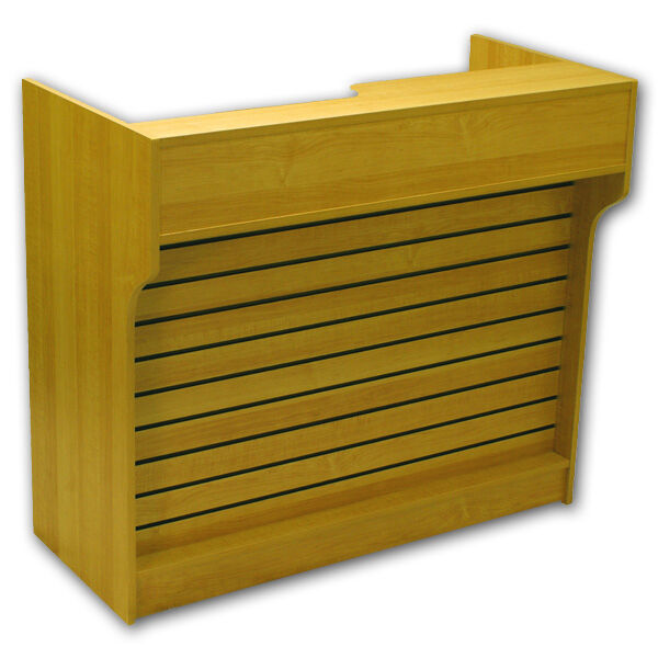 Ledgetop Counter with Slatwall Front.  Great for use as a register stand and point of purchase merchandiser.  Shown in Maple.  