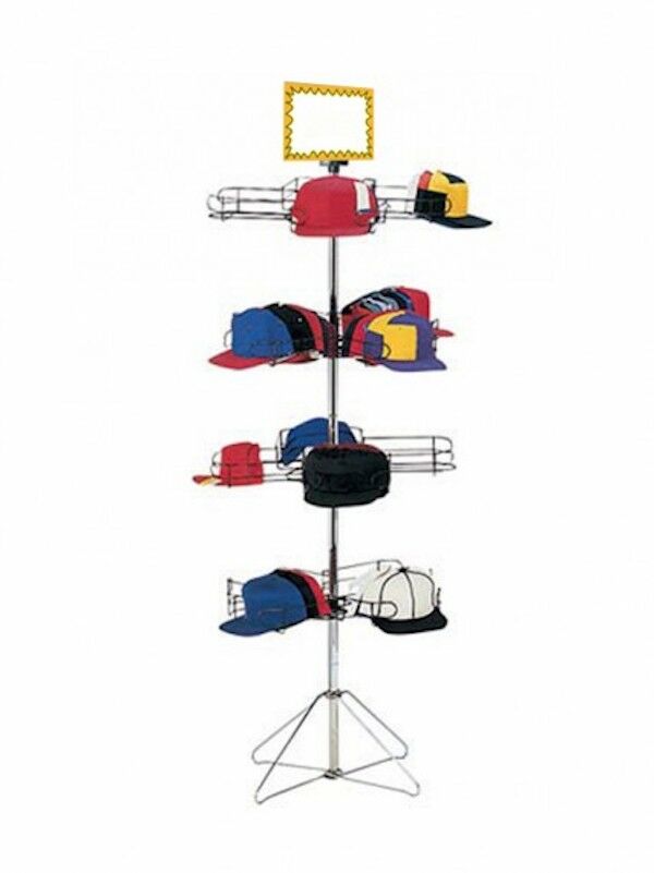 Cap Display comes in black. and measures 64" (H) X 26". Includes base and sign holder.  Great for displaying all you ball caps.  