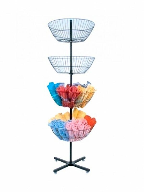 The Spinning Basket Rack comes in a black finish and is 66"(L) X 22"(W)  and has 4 Baskets that can be used for all your bulk merchandise.  