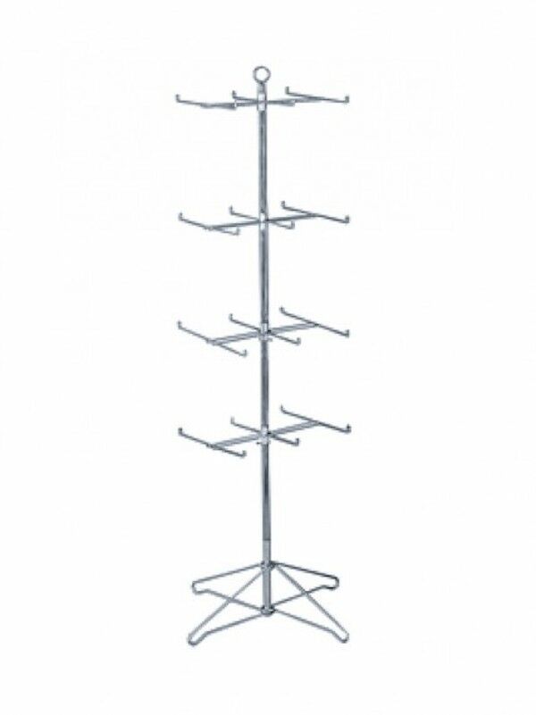 4 Tier Floor Spinner  Color: Zinc  64"(H) X 24" Base 6" Prongs With 7 1/2" Space  Tiers 12" Apart  Includes Sign Holder.  