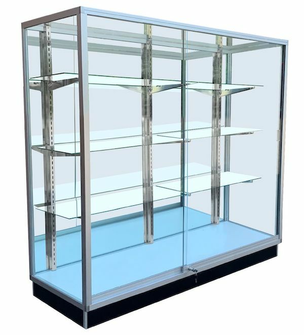 The Standard Full View Trophy Showcase features a silver or black aluminum frame that is 54" H x 18" W x 48" or 70"L. It is great in a retail, school, commercial or office environment.