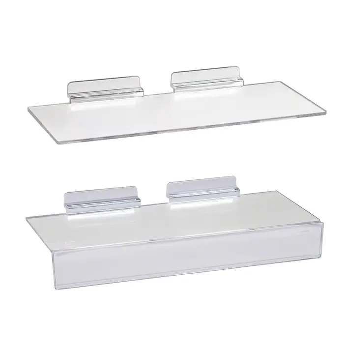 Acrylic Utility Shelf for Slatwall is Impact Resistant. Dimensions:  4"D x 10"L, 4"D x 10"L with 1" Sign Slot, or 6"D x 12"L