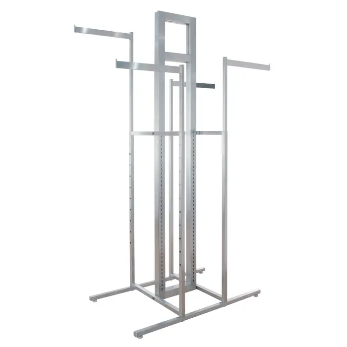 Alta 4-Way Cross Merchandising Unit.  Includes a 12" x 12" sign frame with 8"x8" visible and features Universal slotting in the front and back. 4- 16" rectangular tubing arms with stops are adjustable in height every 3" from 45" to 72".