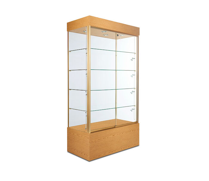 The TD-210 is a classic floor display glass cabinet with a bottom cabinet and a top cabinet. 