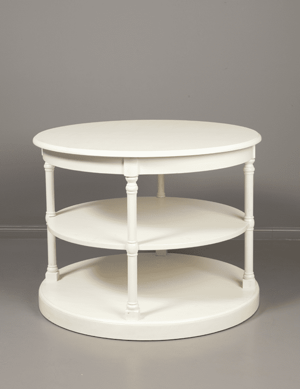 The three-tiered  Round Draper’s table is constructed with strong wood and has a 3 tiered structure provides an excellent storage area for all kinds of materials such as linens or office supplies without taking up too much space.  Size: 48" L x 48" D x 36