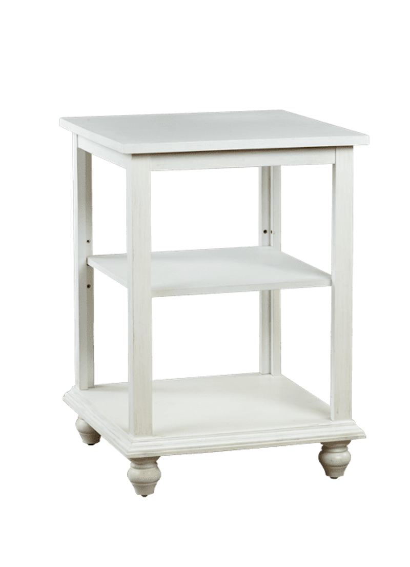White three-tiered counter stand features three surface levels and an adjustable shelf, and made with sturdy composite wood.  Size: 24" L x 24.5" D x 38" H